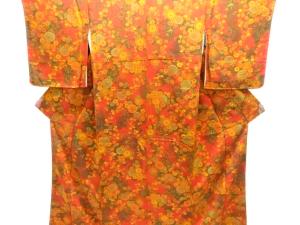 未使用品　縮緬地 枝梅に菊模様小紋着物